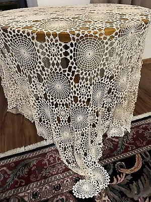 Antique French Cream Linen Spiderweb Design Handmade Crochet Elegant Bedspread • $189