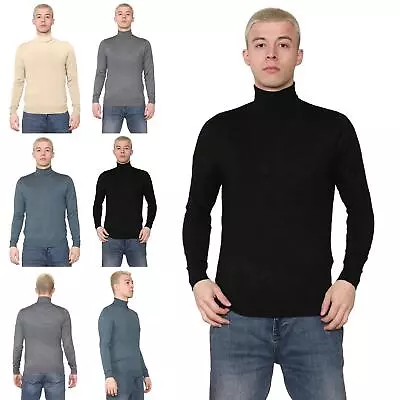 Mens Roll Neck Long Sleeve Ribbed Stretchy Casual Pullover Sweater Jumper Top UK • £5.49