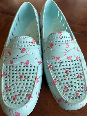 Men’s Blue Floafers Boat/beach With Pink Flamingos Penny Loafer Style Size 9 • $29.90