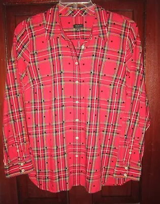 Talbots L Button Down Shirt Blouse Top Plaid Polka Dot Red Velvet Tartan Long Sl • £24.08