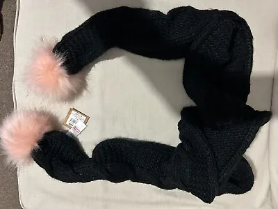 Girls M & Co Kylie Black Cable Knit Scarf With Pink Pom Poms • £7