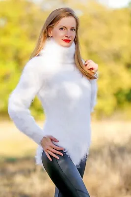SUPERTANYA White Mohair Bodysuit Fuzzy Extra Long Turtleneck Hand Knit Sweater • £191.82