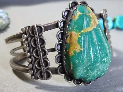 Fred Harvey Era NAVAJO Hand Carved HACHITA TURQUOISE Coin Silver 79g Bracelet • $899