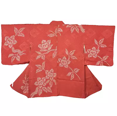 Japanese Vintage Kimono Haori  Jacket Silk Robe Shibori Orange Flower  9398 • $28.90