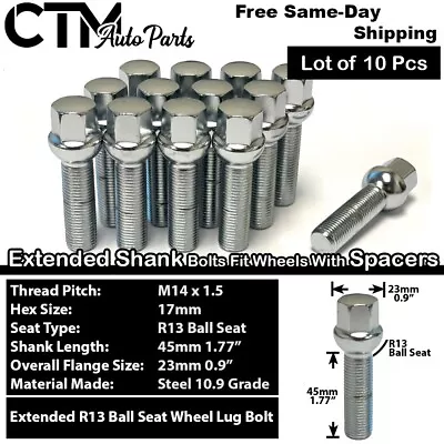 10x Chrome 14x1.5 Ball Seat Extend Lug Bolt 45mm Shank Volkswagen 15-20mm Spacer • $23.99