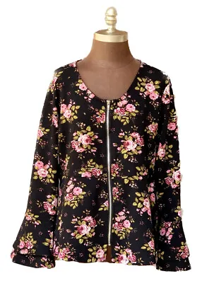 Rouge Collection Women Top 2X Floral Rose Black Peplum Fit & Flare Bell Sleeve • $12.95