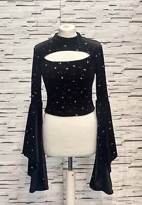 CIDER Black Velvet Star Crop Top With Bell Sleeve Size S High Neck • £12.99