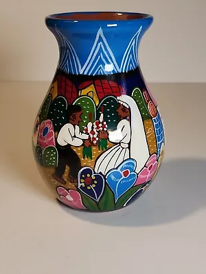 Vintage Isidoro Mexico Hand Painted Folk Art Pottery Terracotta Vase Wedding • $22.60