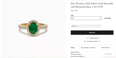 Effy 14K Yellow Gold 1.49ct Brasilica Emerald & Diamond Ring With Tag • $1731.23