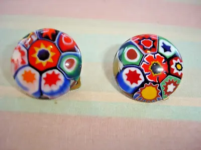 Vintage Made In Italy Venetian MILLEFIORI  Button Style Clip EARRINGS • $12