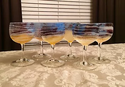 BEAUTIFUL RARE SET Of 6 STEVEN MASLACH STUDIO ART WINE GLASSES GOBLETS SIGNED • $399.96