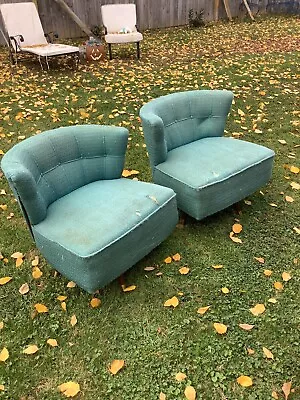 Two Original Kroehler Mid Century Modern Retro Fan Back Baby Blue Swivel Chairs • $800