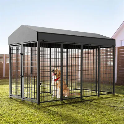 Waterproof Outdoor Dog Kennel Pet Shelter House Metal Dog Run With Canopy & Lock • £112.91