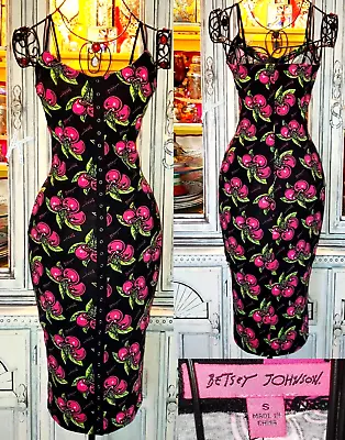 Vintage Betsey Johnson Y2K Black Pink Cherries Fruit Snap Front Slip Dress Small • $199.99