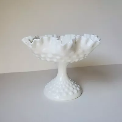 Vintage Fenton White Milk Glass Hobnail Pedestal Ruffled Compote Candy Dish Bowl • $19.95