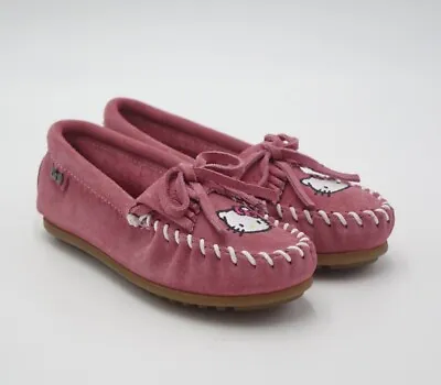 Minnetonka X Hello Kitty Moccasins Shoes Girls Size 1 Pink Suede • $59.99