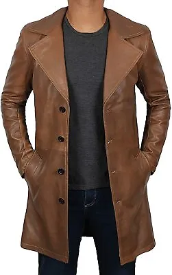 Men Genuine Lambskin Real Leather Long Trench Coat Button Brown Classic Jacket • $180.49