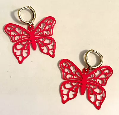 New 1.5  Long Pink BUTTERFLY Earrings NEON Festive Bright SPRING Pierced Light • $11