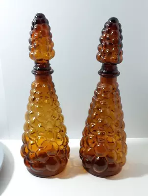 Vintage 1960s Amber Bubble Decanter Genie Bottles Set Of 2 - Made In Taiwan • $159
