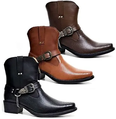 £29.95 • Buy Mens Gents Cowboy Riding Ankle Cuban Heel Slip On Harness Biker Chain Boots Shoe