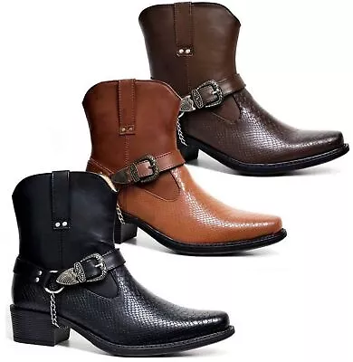 £29.95 • Buy Mens Gents Cowboy Riding Ankle Cuban Heel Slip On Harness Biker Chain Boots Shoe
