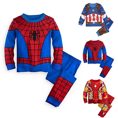 Boys Kids Pyjamas Outfit Nightwear Spiderman Avengers PJs Super Hero Coatume Set • £7.59