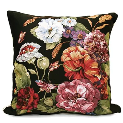 Flowers On Black Tapestry Pillow Sofa Couch Gobelin Pillow Floral Pillow 18x18  • $29.95