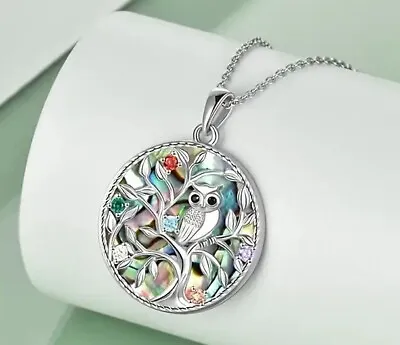 Owl Round Abalone Tree Floral Nature Carved Animal Silver Necklace Pendant NEW! • $10.99