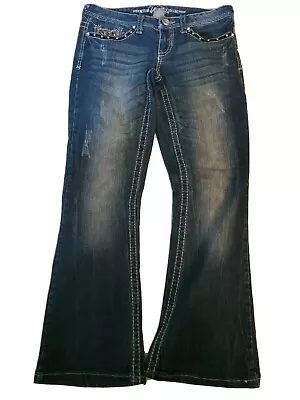 Vanity Women Mid Rise Distressed Rhinestone Pocket Bootcut Jeans Blue Size 27x31 • $14.99