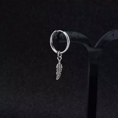 Hip Hop Kpop Boy Leaf Titanium Feather Pendant Hoop Drop Earrings Korean Jewelry • £3.26