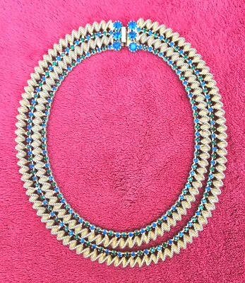 Vtg RARE Signed Rifas Blue Green Sparkling Rhinestones Necklace Statement Runway • $0.99