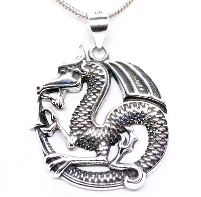 925 Sterling Silver Serpent Dragon Round Pendant W/ 925 Silver Chain Oxidized • $37.40