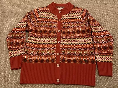 Country Rose Red Orange Fox Fair Isle Cardigan Size S Landgirl Wool Blend • £27.99