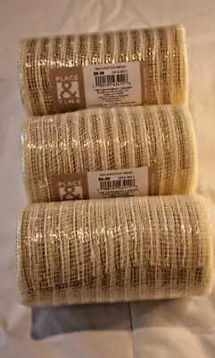 Holiday Ribbon Deco Mesh Poly Ribbon 5.5  X 18' White With Gold NIP 3 Rolls • $6.99