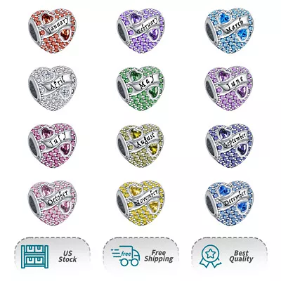 New Birthstone Birthday Bracelet Charms Authentic 925 Sterling Silver Heart Bead • $19.98