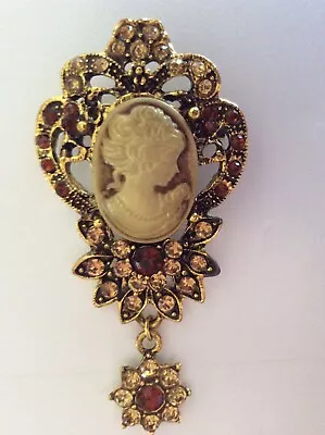 £5 • Buy Ornate Cameo Brooch Set With Rhinestone Jewels