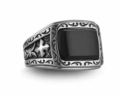 Fine Shiny Black Rectangle Shape Onyx Art Deco Filigree Design Men's Silver Ring • $225