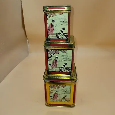 Vtg 70's Oriental/Asian 3 Nesting Set Rectangle Container Tea Tins New Trends • $11.97