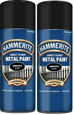 2 X Hammerite Smooth 400ml Black Direct To Rust Metal Spray Paint • £19.99