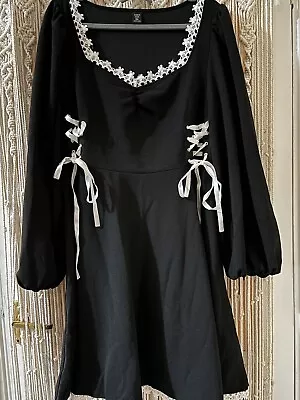 Shein Dress Lace Up Sides And White Lace Trim  BNWOT Size 16 Black Fit And Flare • £7.95