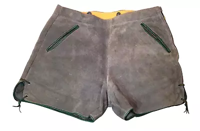 Vintage Bergfruend Suede Leather Lederhosen Shorts Size 38 Green Zip Up Sides  • $22