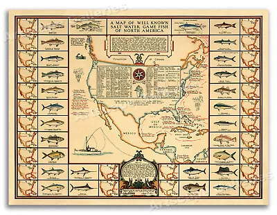 1930s Saltwater Game Fish Map - Vintage North America Fishing Map Art - 20x28 • $17.95