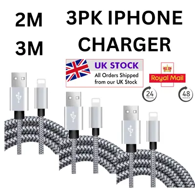 3pack Iphone Charger Nylon Cable Fast Charge 7 8 X Xs Xr 11 12 13 14 15 Apple • £7.99