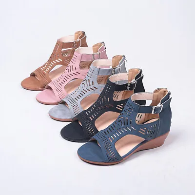 £17.94 • Buy Womens Ladies Sandals Summer Girls Low Heel Wedge Strappy Gladiator Beach Shoes