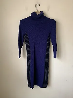 Athleta Womens Sweater Dress S Merino Wool Turtleneck Blue Illusion Side Stripe • $16.47