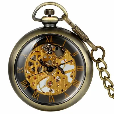 Mens Bronze Tone Pocket Watch Open Face Skeleton Hand Winding Mechanical Chain • $19.99