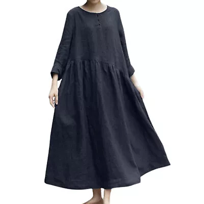 Party Dress O-neck Plus Size Loose Fit Large Hem Maxi Dress Buttons Decor • $31.61