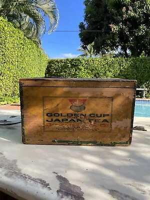 Vtg Japanese  Wood Tin Lined Hinged Tea Box 18” X 11” X 10” Golden Cup Green Tea • $75