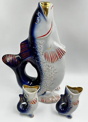 RARE Soviet Set Of Fish 1 Bottle 2 Shot Glasses Porcelain USSR Decanter VINTAGE • $99.99