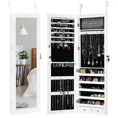 Wall Door Mounted Mirror Jewelry Cabinet Lockable Armoire Organizer W/ LED Light • $108.97